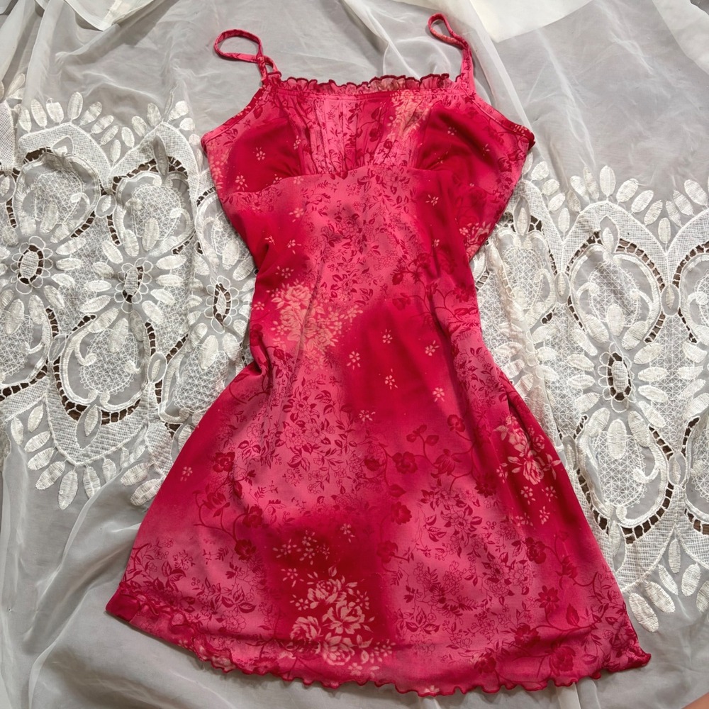 Y2K Babydoll Red Floral Mesh Cami Mini Dress Lettuce Hem Medium